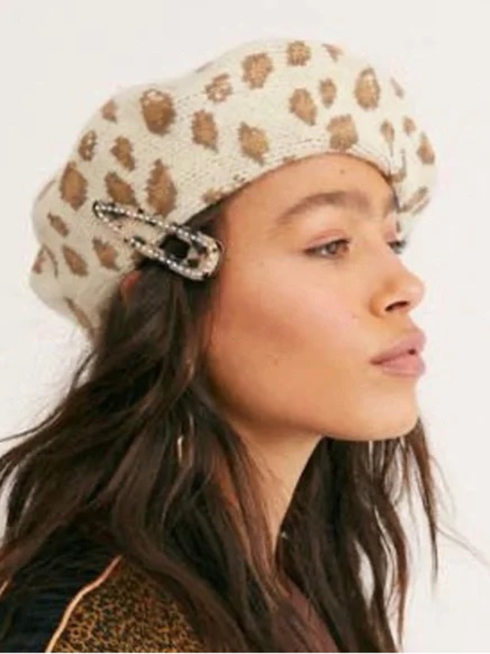 Free People San Diego Hat Company Cream and Brown Leopard Knit Beret